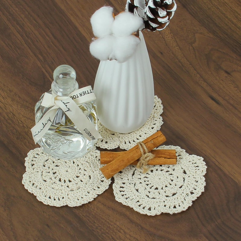 kilofly Small Crochet Cotton Lace Coasters Doilies Pack Set, 4pc, Beige, Round, 4 inch - Image 5